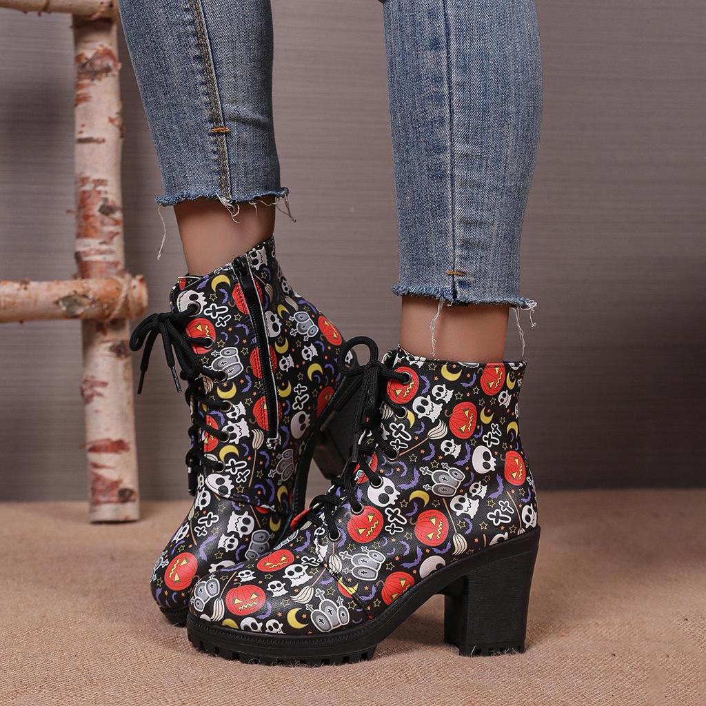 Autumn Winter Plus Size Women's Skull Head Coarse Heeled Short Boots Comfortable Warm Round Headed High-heeled Martin Boots Shoes 36-42