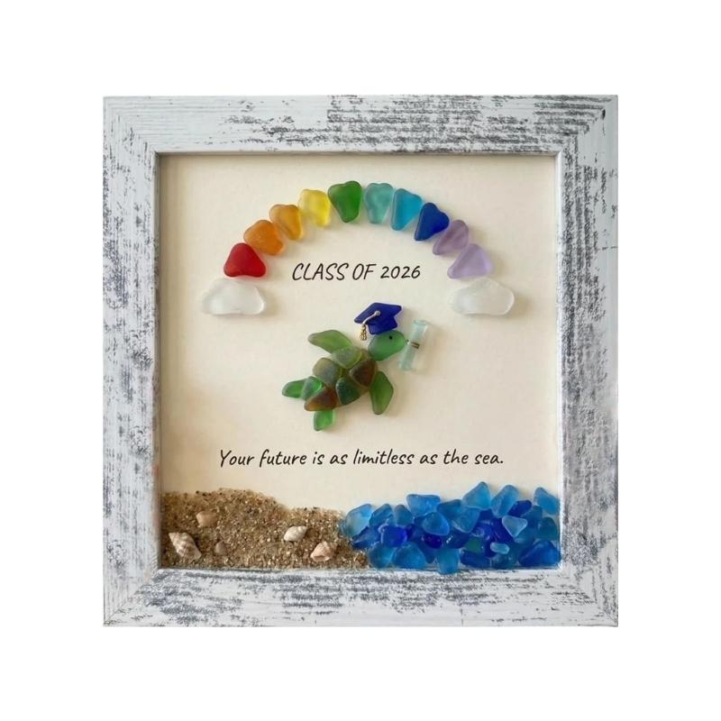 Handmade Sea Glass Art Frame Sea Glass Turtles with Wooden Frame Desktop Decorations Home Decors Turtles Graduation Gift 1