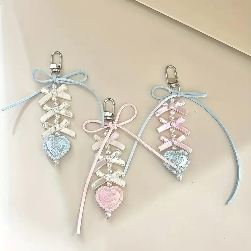 Sweet Heart Shape Pendant Keychain Bow Ribbon Beaded Key Chain For Women Phone Lanyard Backpack Decoration Accessories Gifts