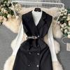New 2024 Autumn Winter Black Knitted Sweater Tops Suits For Women Notched Collar Sleeveless Tank Double-Breasted Belt Dress Sets