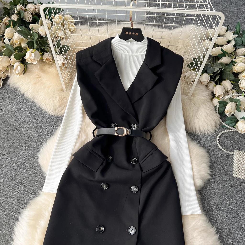 New 2024 Autumn Winter Black Knitted Sweater Tops Suits For Women Notched Collar Sleeveless Tank Double-Breasted Belt Dress Sets
