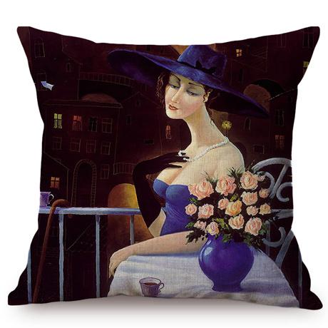 Pittura ad Olio Vintage Nordica di Bella Donna Arte Copricuscino Decorativo per Divano Custodia per Cuscino da Lancio Felice Storia d'Amore di Coppia per Sedia