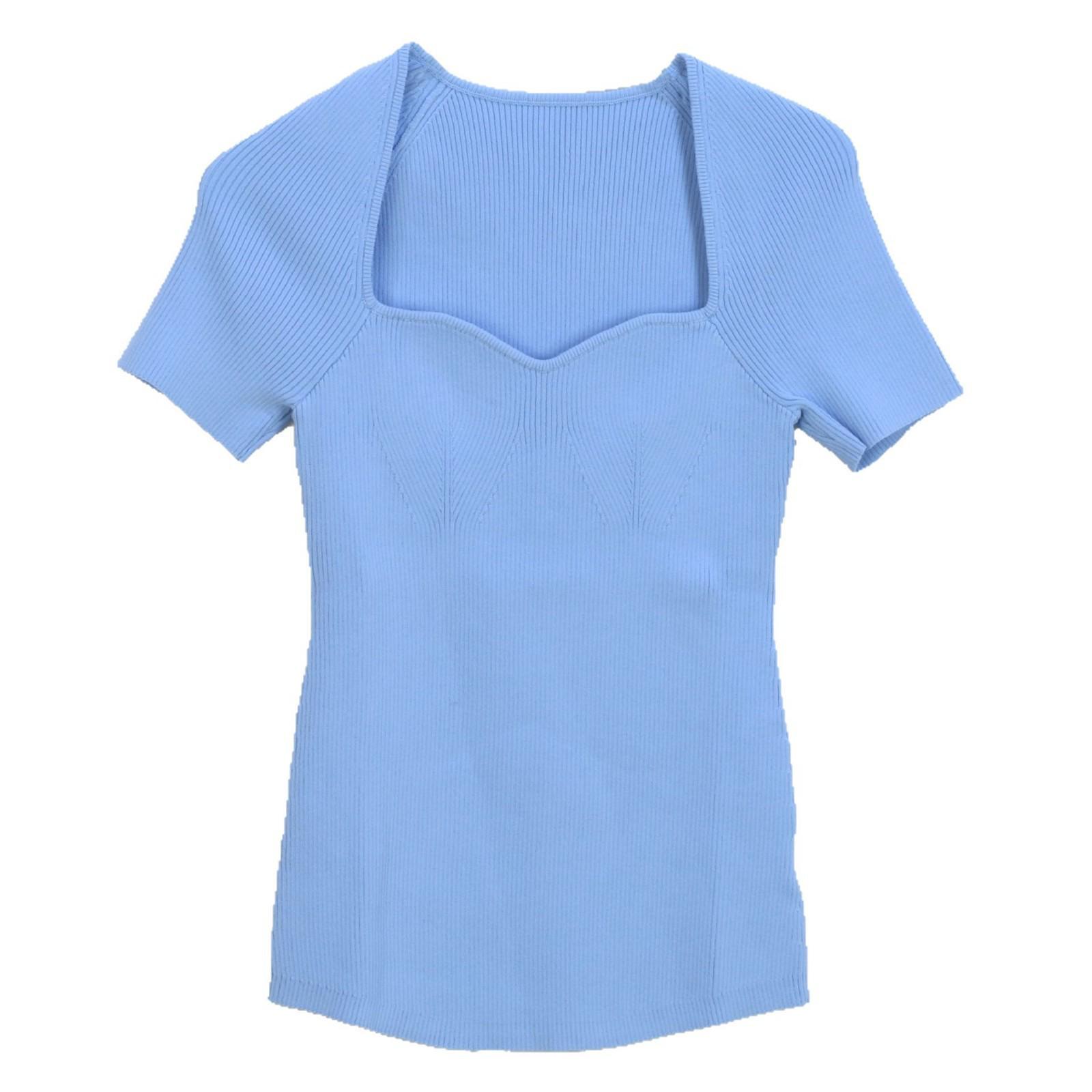 

Элегантный вязаный топ с квадратным вырезом - Женский облегающий крой, короткий рукав, однотонный, летняя мода S