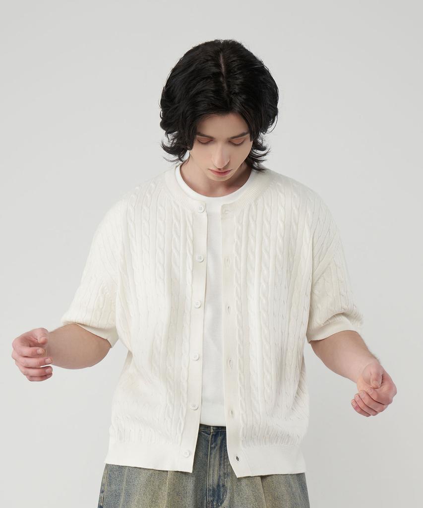 UNTAPPED STUDIO Washable Cool Cotton Cable Short Sleeve Round Button Knit 3 Colors