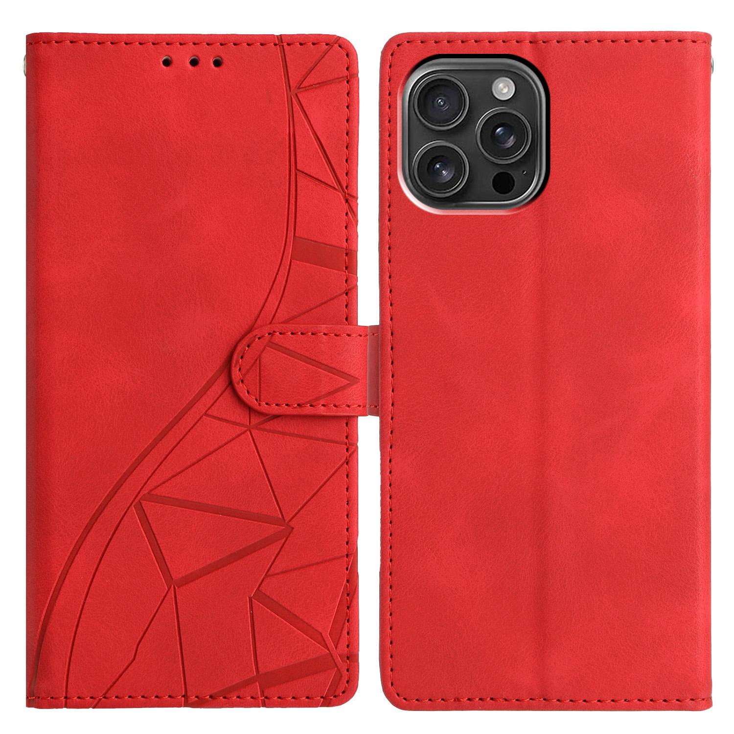 

For iPhone 16 Pro Case Wallet Stand Imprinted Triangle Pattern Leather Phone Flip Cover Red