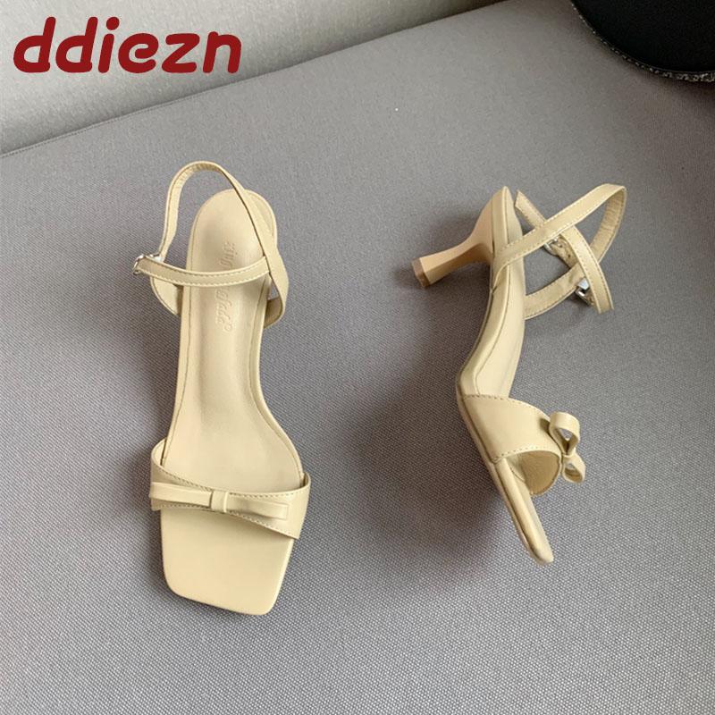 Fashion Luxury Female Butterfly-Knot Ladies Thin Heels Sandals Shoes Fashion Round Toe Footwear Elegant Women Heeled Sandals Shoes