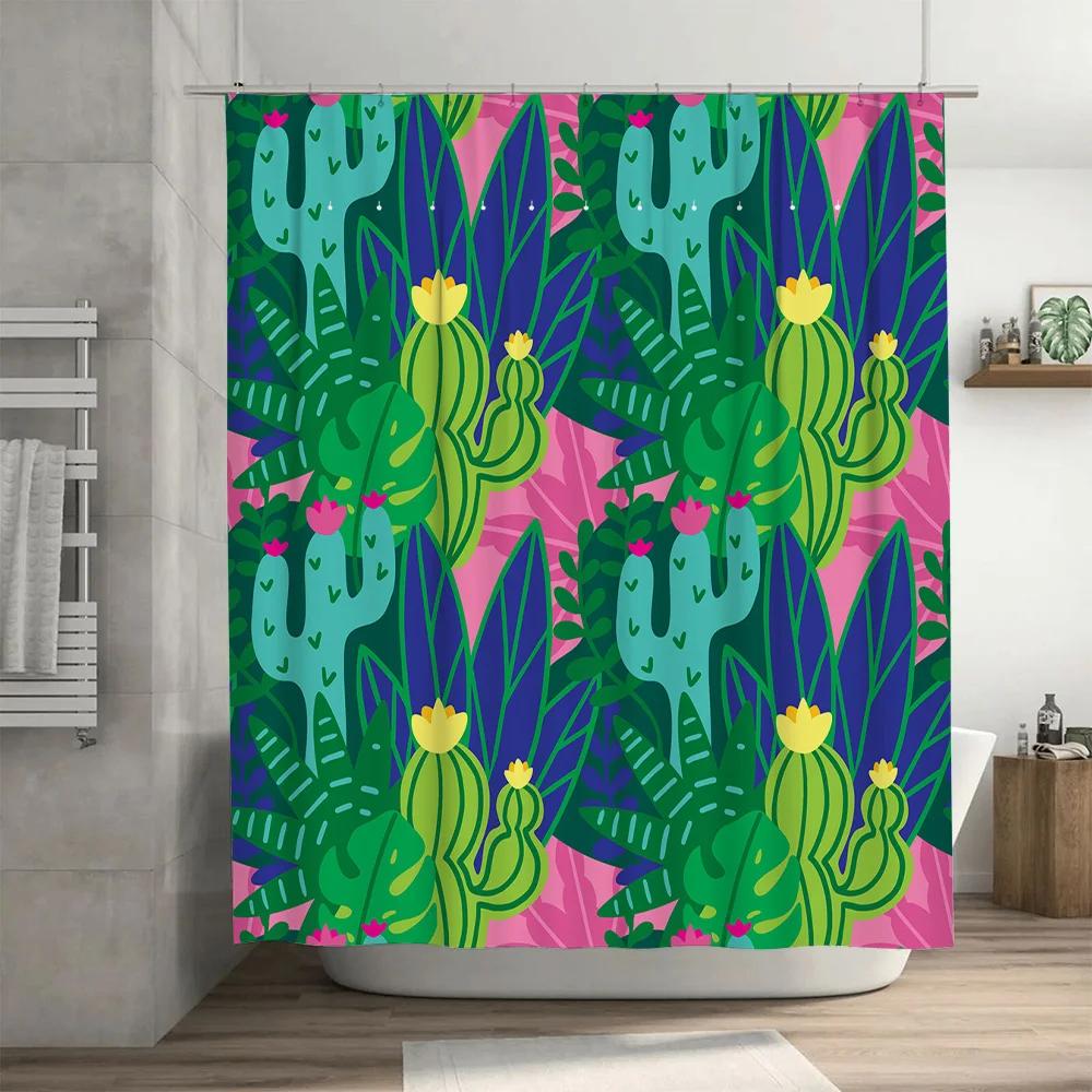 Green Cactus Shower Curtain Waterproof Fabric with Tropical Plant Pattern for Bathroom Decor Brighten Up Your Space Today