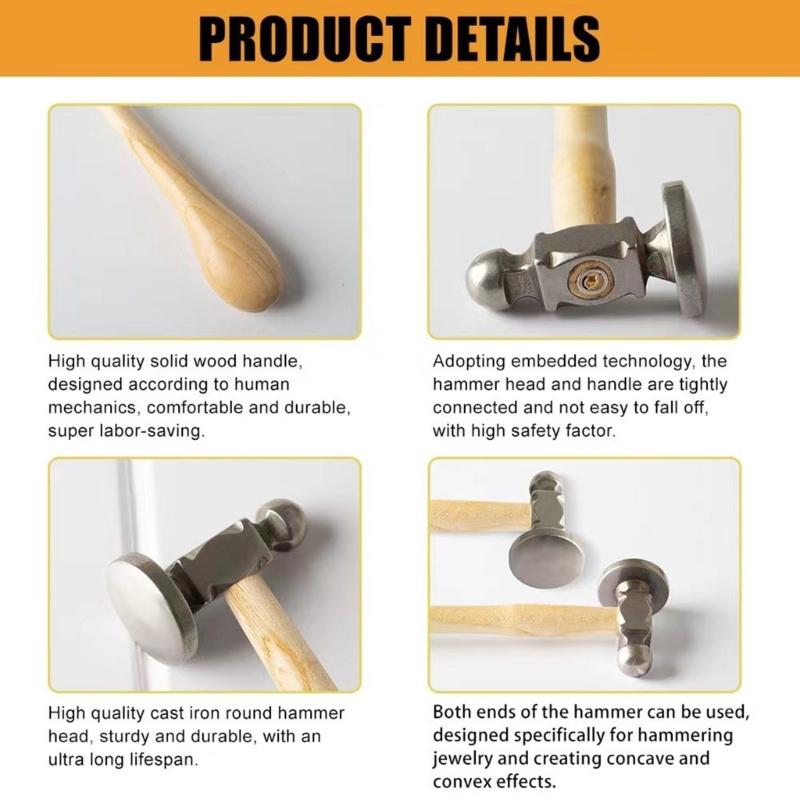 Wood Handle Hammer Round and Flat Faced Jeweler's Hammer Metalworking Hammer for Jewelry Crafting and DIY Enthusiasts