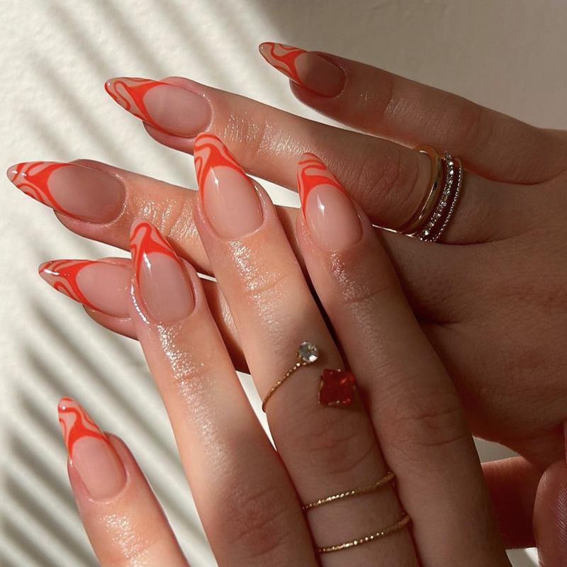 

Geometric Almond-Shaped Press-On Nails with Wavy Line Art - French Style