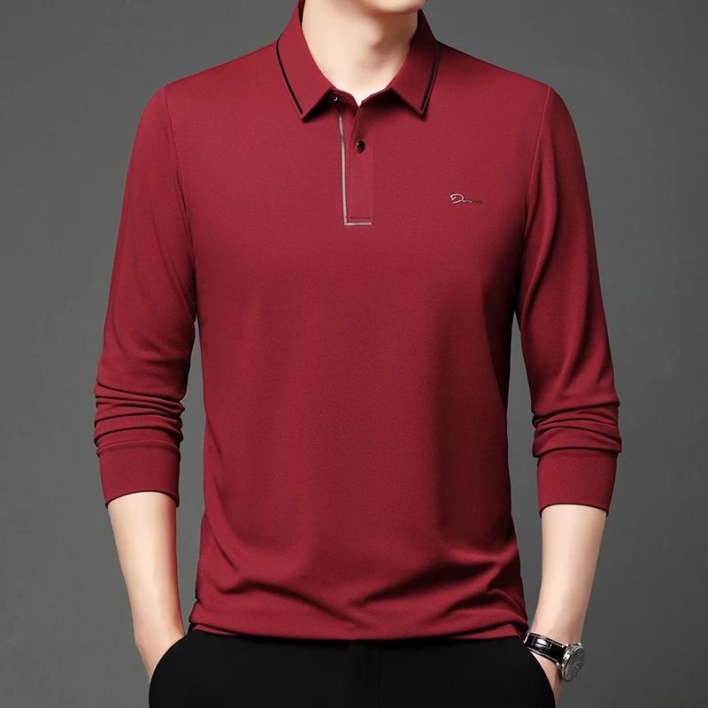 New Men'S Business Casual Long Sleeved Shirt With Badge Solid Color Polo Shirt Fashionable Breathable Comfortable Versatile Top