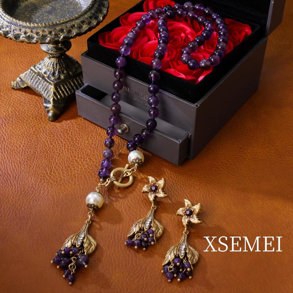 Vintage Purple Crystal Necklace & Earrings Set