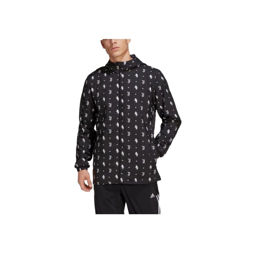 Adidas SS22 Solid Color Logo Full Print Long Sleeve Hooded Jacket Men Outerwear Black HB6013