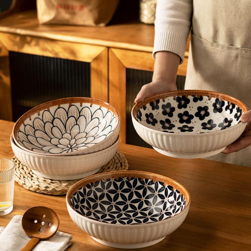 9 zoll Große Ramen Schüssel Keramik Nudel Suppe Schüssel Chinesische Küche Geschirr Porzellan Floral Rattan