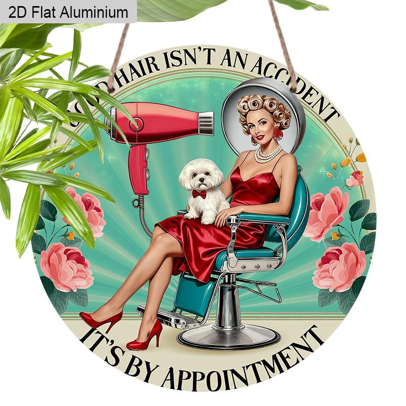 2D Flat Aluminum Vintage Metal Wreath Round Sign Hairdresser Poster, Hair Salon Decor, Hair Salon Suitable for Home and Kitchen Bar Cafe Garage Wall