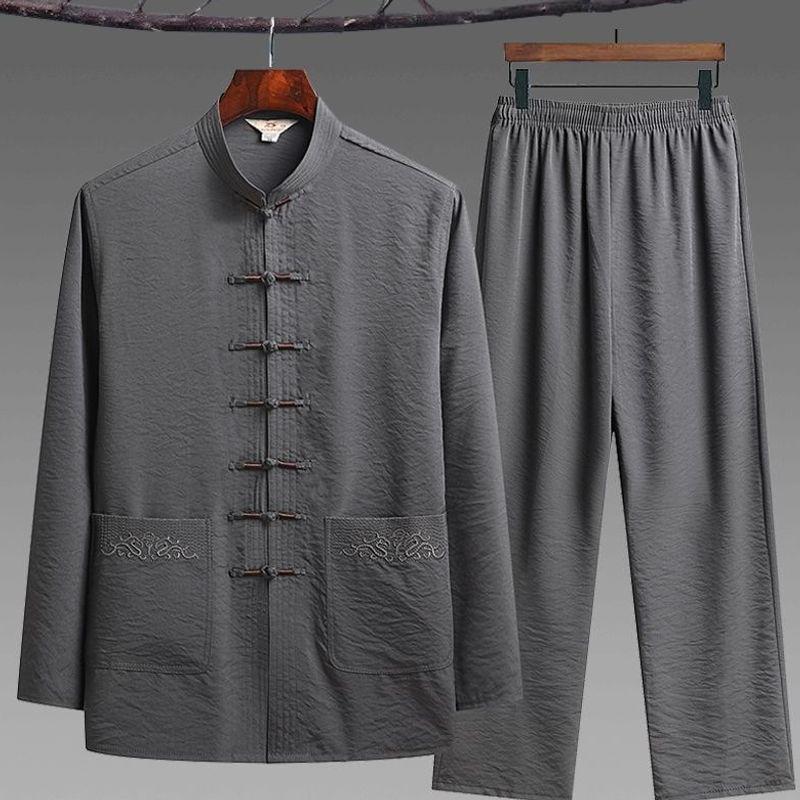 Men's Tang Suit Ice Silk Set - Long-Sleeve Chinese Tai Chi Hanfu for Spring/Summer