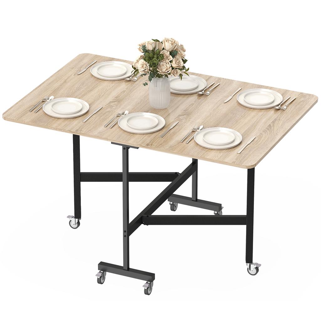 Tavolo Pieghevole da Mobile con 6 Ruote e Freni, Tavolo da Cucina/Pranzo Pieghevole per Piccoli Spazi, Rovere