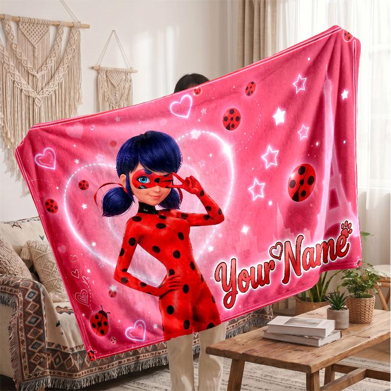 Miraculous Ladybug Personalized Flannel Blanket, Custom Printed Text Name, Warm Soft Blanket For Couch Bed