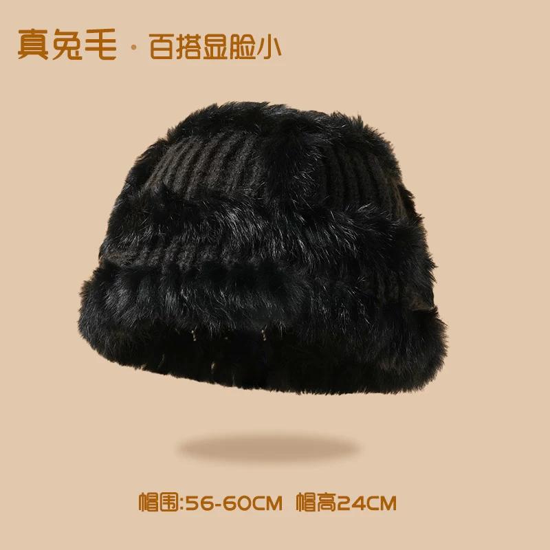 Chapeau seau tricoté en fourrure de lapin pour femme, nouveau chapeau de bassin thermique épais en peluche montrant un petit chapeau de fourrure pour le visage, hiver 2023