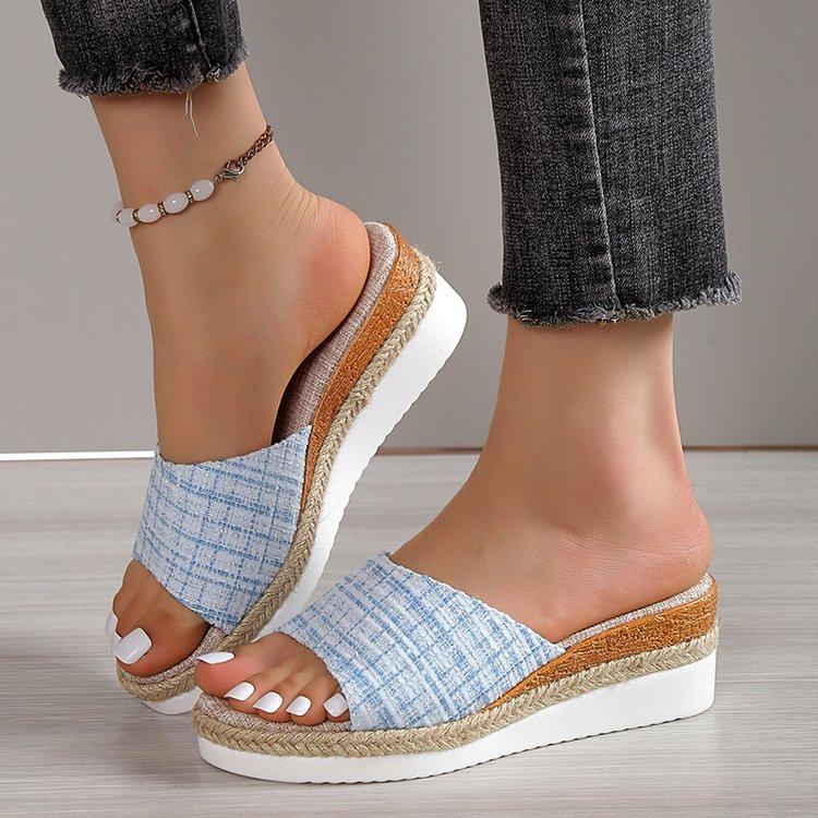 Foreign Trade Large Size 2025 New Muffin Heel Open-toed Cool Slippers European and American Cloth Surface One-word Cloth Surface Women's Shoes
