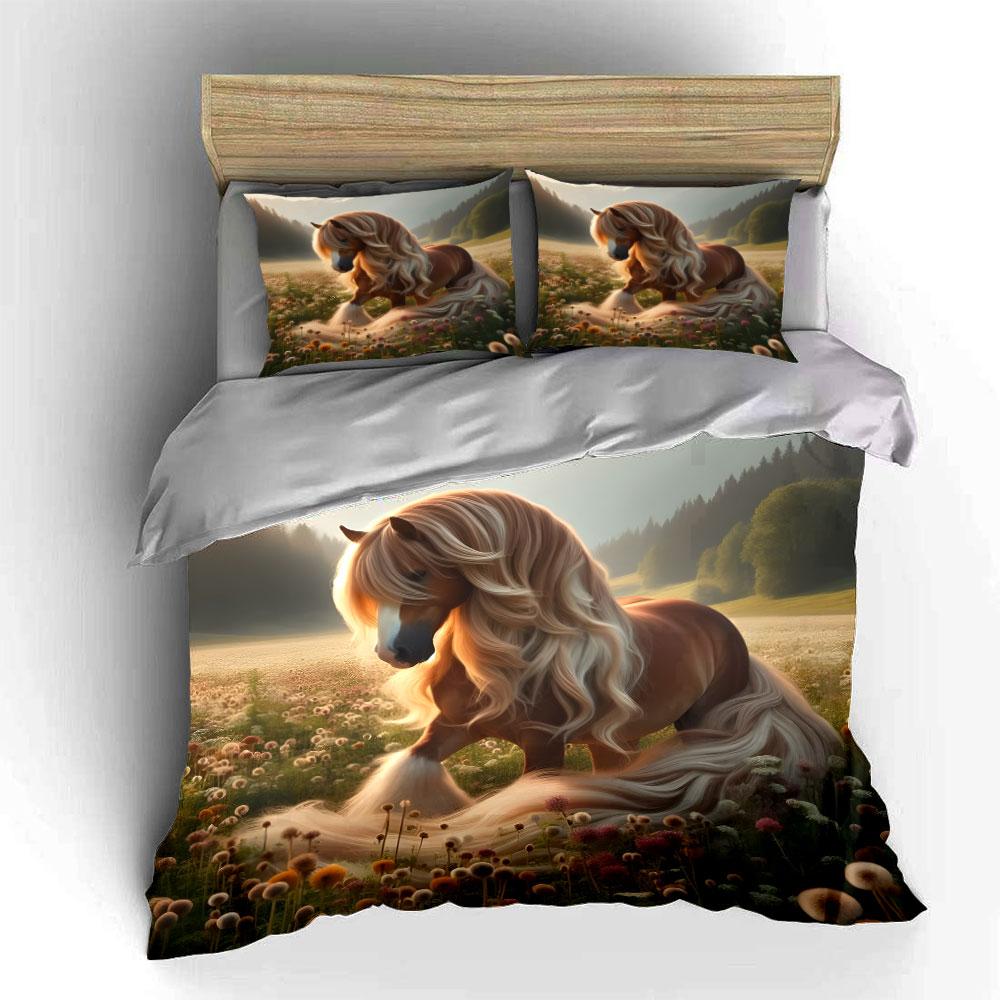 Graceful Long-Maned Horse In Flower Meadow Printed Duvet Cover Set1 Duvet Cover+2 Pillowcasemulti Size Bedroom Bedding Decor