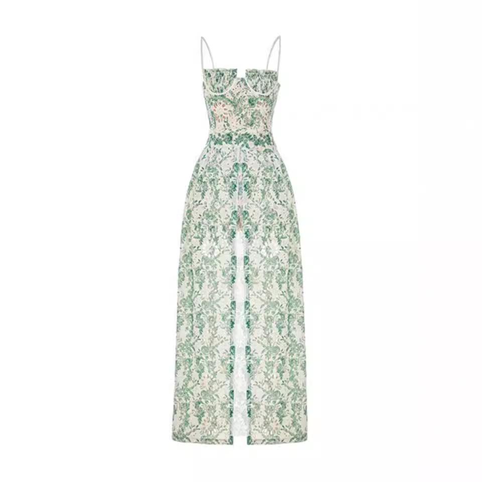 Vietnamese Designer Floral Embroidered Suspender Dress & Slim Split Long Skirt Set