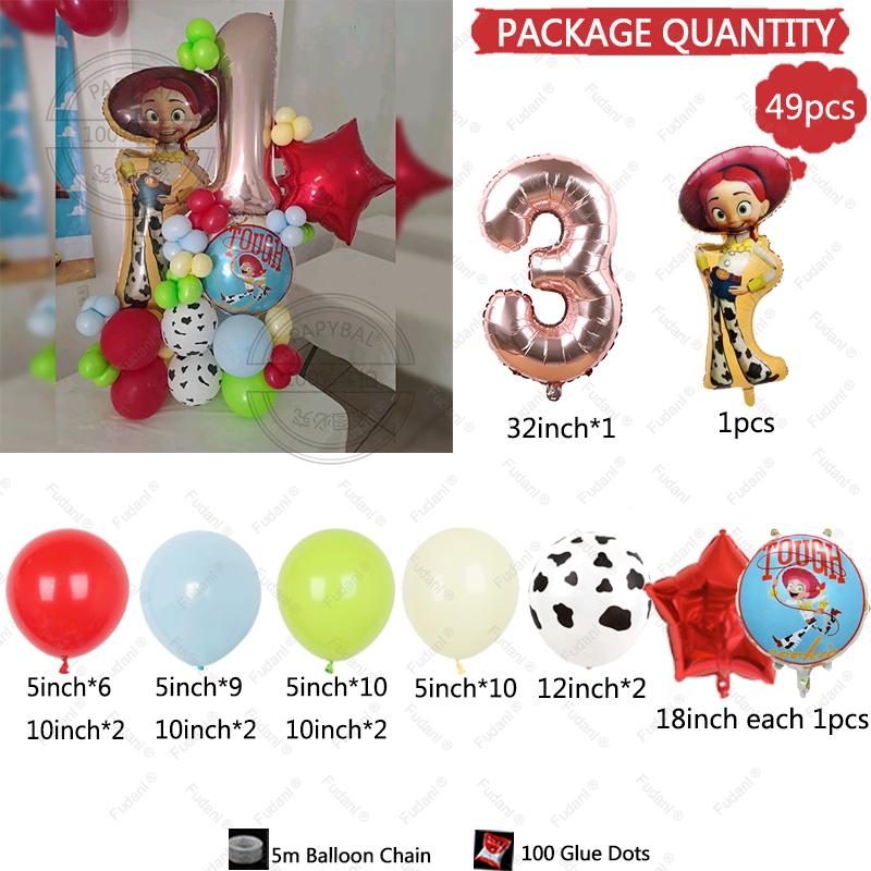 49pcs Cartoon Jessie Cowboy Toy Story Balloons Set for Kids Birthday Party Colour Latex Ballon Decorations Supplies Baby Shower