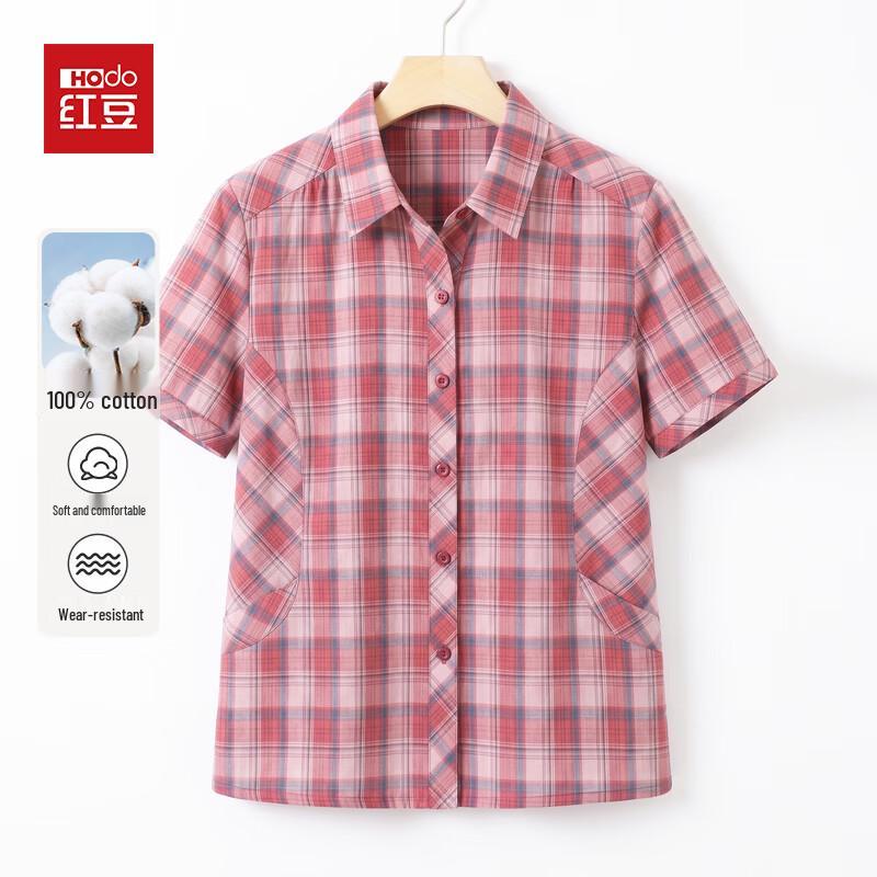 Hodo Women's Mid-Aged Summer Cotton Plaid Short-Sleeve Shirt