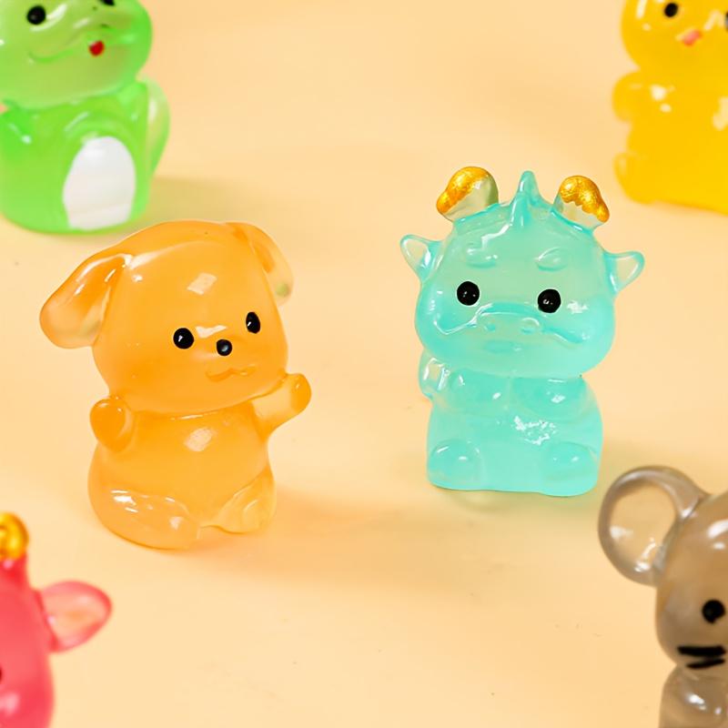12 Noctilucent Zodiac Animal Sculptures, Holiday Party Gifts, and Birthday Gifts - Cute Resin Figurines with Glowing Mice, Goats