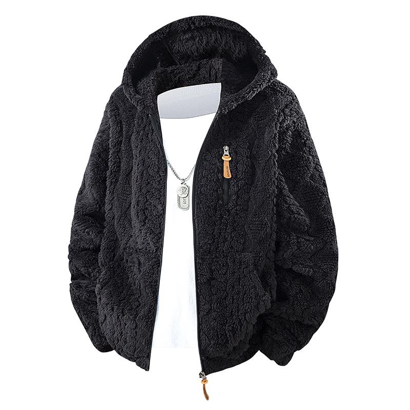 Men's European Size Hooded Fleece Zipper Jacket - Trendy Autumn/Winter Imitation Lamb Wool Coat