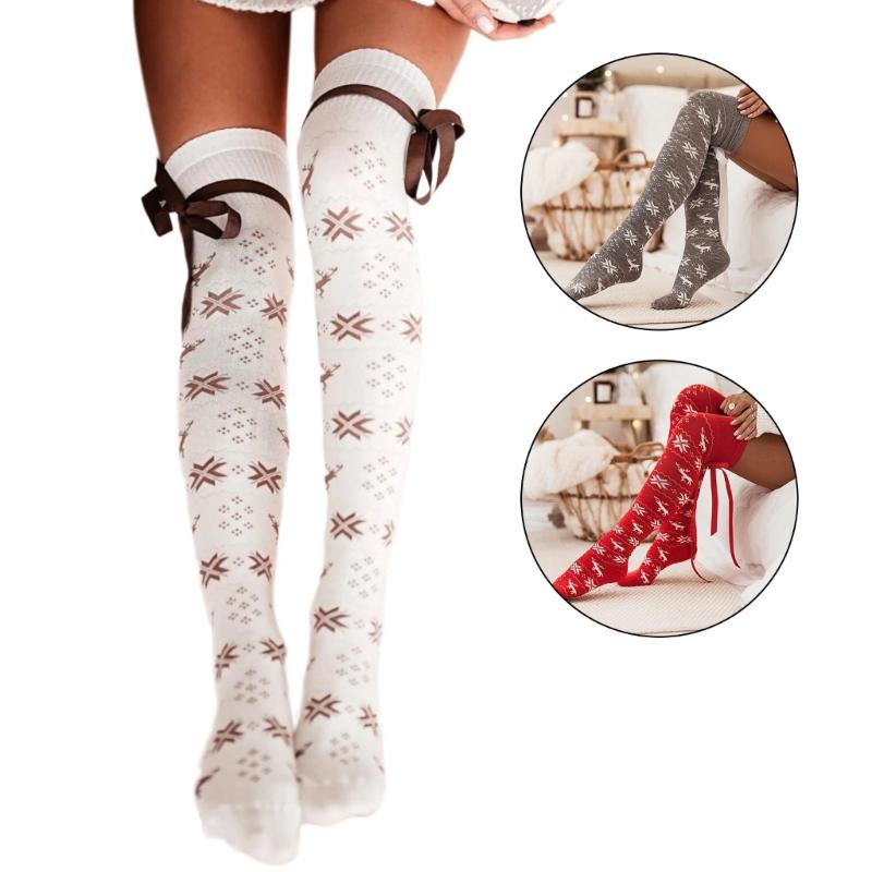 Women Christmas Snowflake Knitted Thigh High Stockings with Ribbon Bows Festival Over Knee Long Boot Socks Leg Warmers