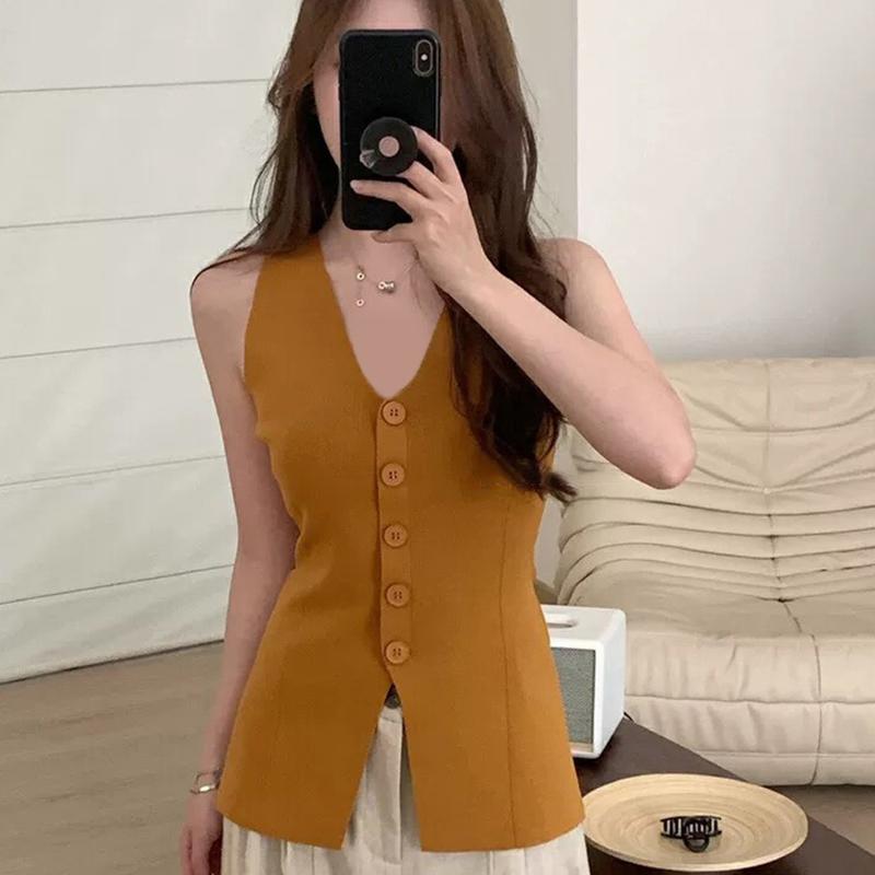 

Летний женский сексуальный однотонный трикотажный жилет без рукавов с V-образным вырезом и застежкой на одну пуговицу, облегающего кроя хаки