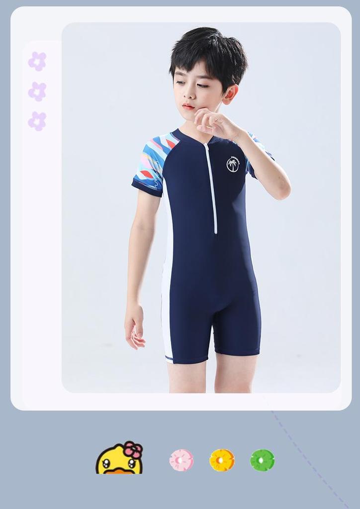 Korean Style Boys' One-Piece Swimsuit with Sun Protection - Quick Dry, Print Design for Kids (S, M, L)