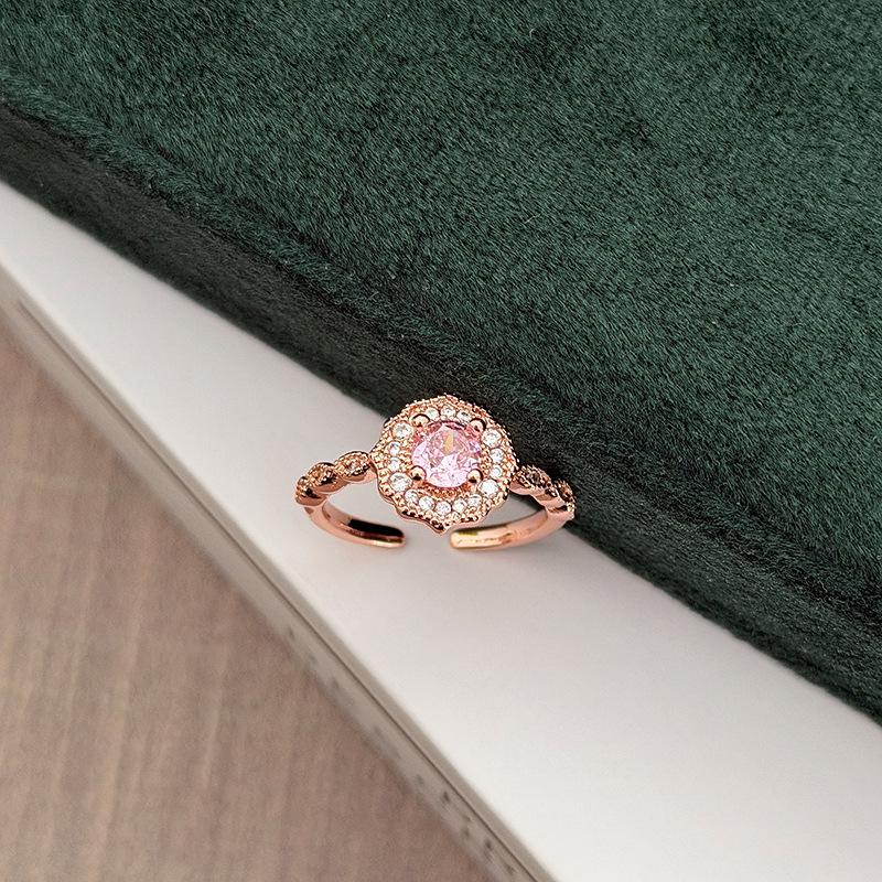 Rose Gold Light Luxury Flower Open Ring Pink Diamond Zircon Double G Temperament Exquisite Stacked Ring Woman