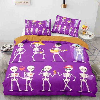 Housse de couette Roi Reine Crâne de Sucre Ensemble de literie d'Halloween drôle Housse de couette en polyester gothique effrayant osseux