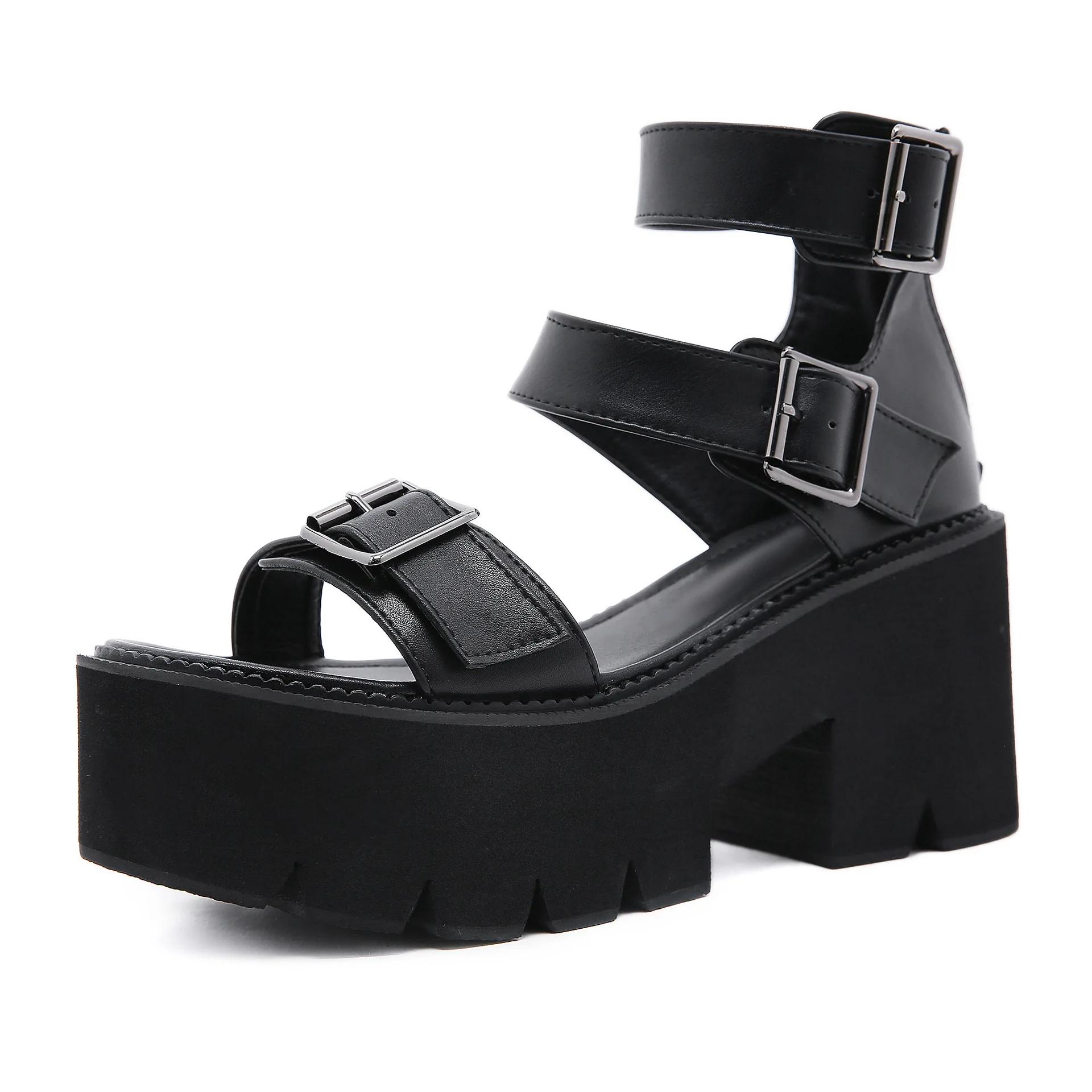 

Fashion Ankle Strap Sandals for Women Platform Chunky Heels Patent Leather Thick Wedges Summer Shoes Open Toe Zipper Big Size 43 35 чёрный