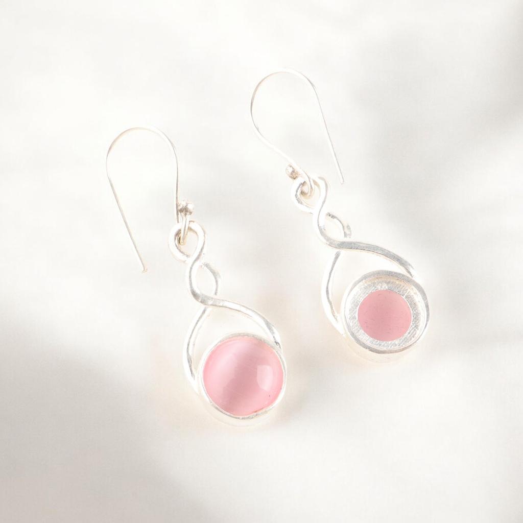 Natural Pink Cat's Eye Gemstone 925 Sterling Silver Handmade Designer Earrings CE-15-40