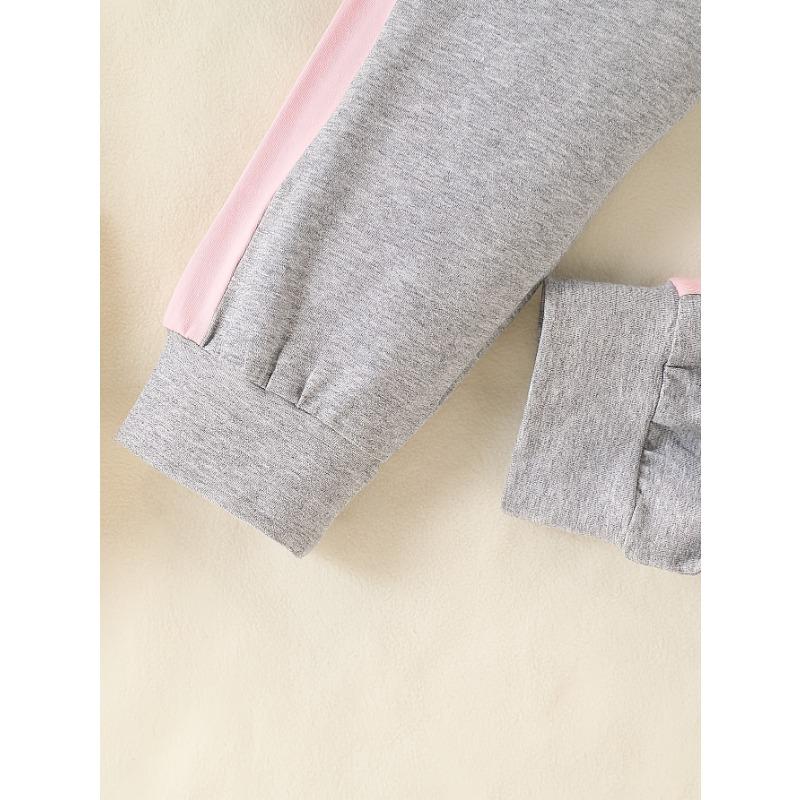 2pcs Girls' Cotton Blend Outfit: Heart Print Long Sleeve Top with 3D Bows & Contrast Color Pants, Regular Fit Machine-Washable Spring