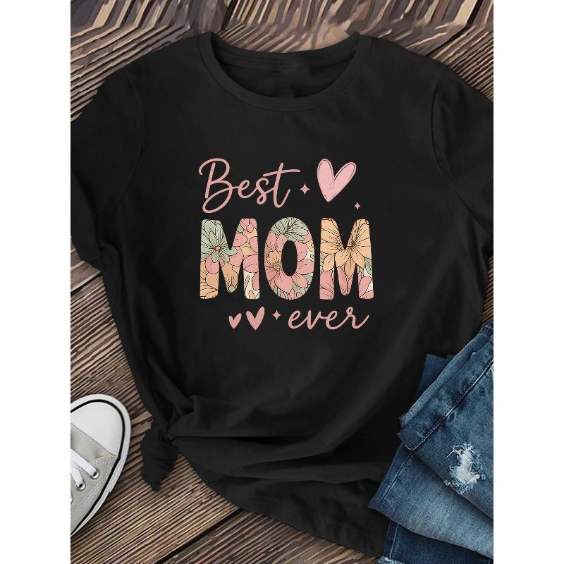 Women Best Mom Print T-Shirt New Round Neck Short Sleeve Soft Breathable Casual Elastic Machine-Washable Top