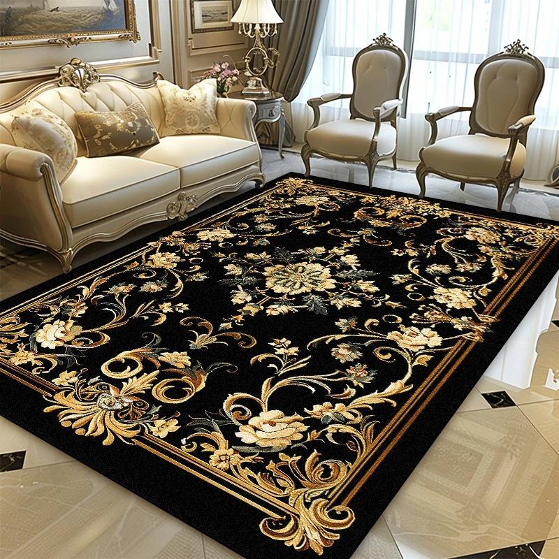 Persischer Schwarzgold Luxus Teppich für Wohnzimmer, Schlafzimmer & Büro Sofabereich Rutschfest Dekoration