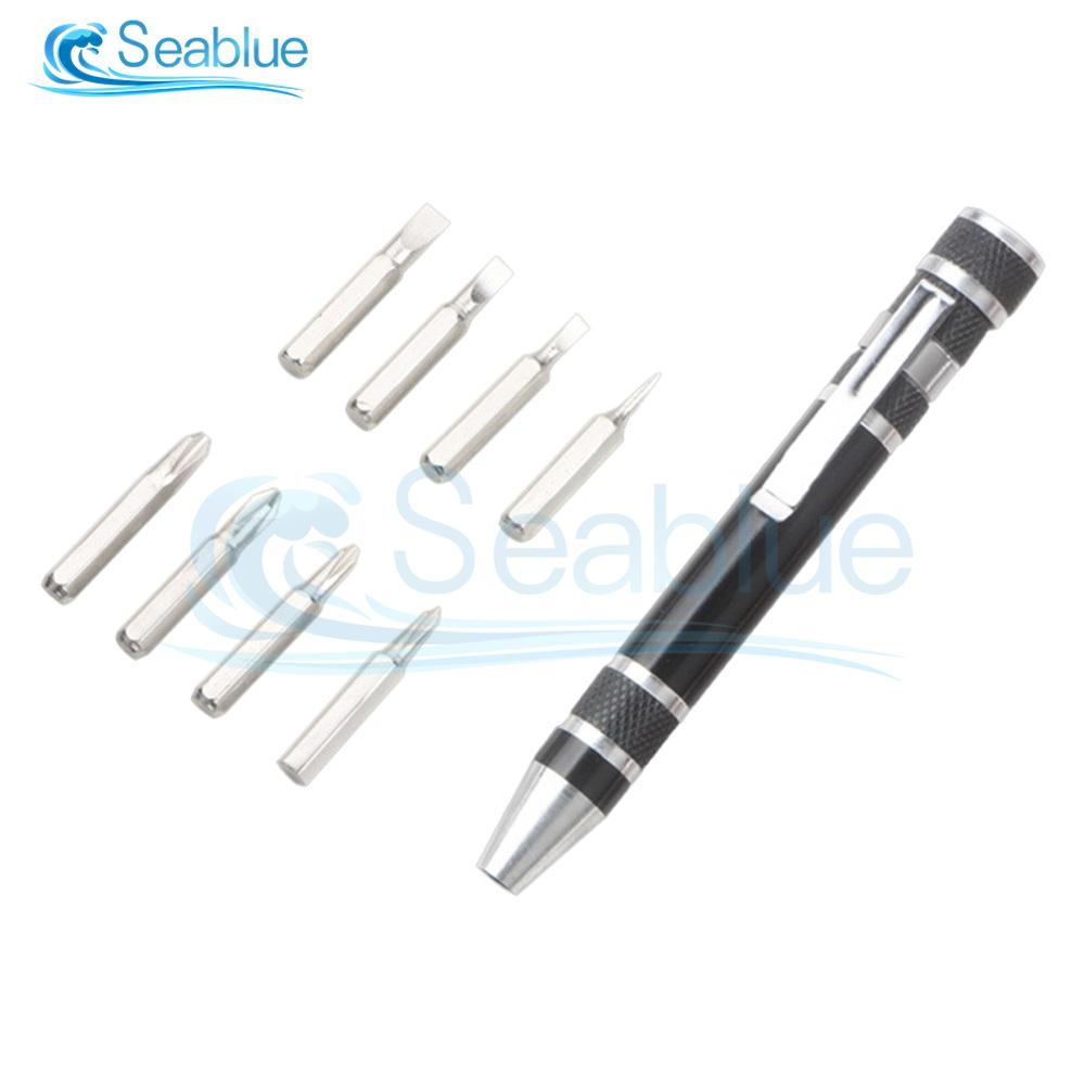 Multifunction 8 In 1 Pocket Precision Mini Screwdriver Pen Mobile phone Repair Hand Tools Kit Portable Screwdriver Set Bits