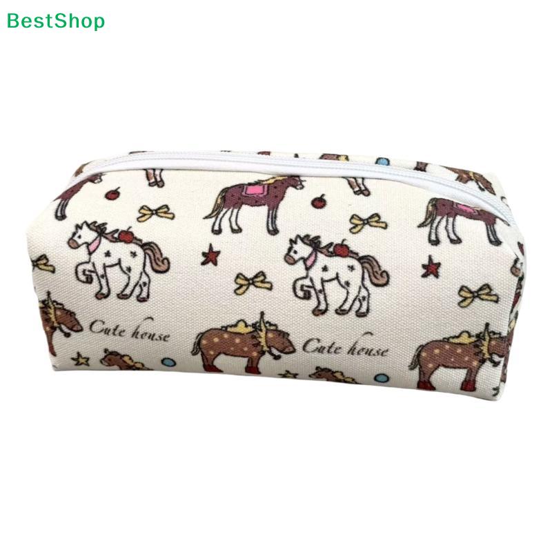 Cute Horse Print Pencil Case – Canvas Zipper Pouch for Stationery, Cosmetics & Daily Essentials