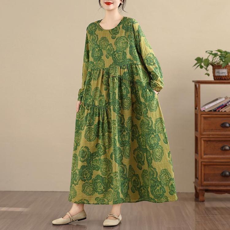 New Spring Summer Vintage Floral Print Maxi Dress Loose Oversize Long Sleeve for Women Plus Size