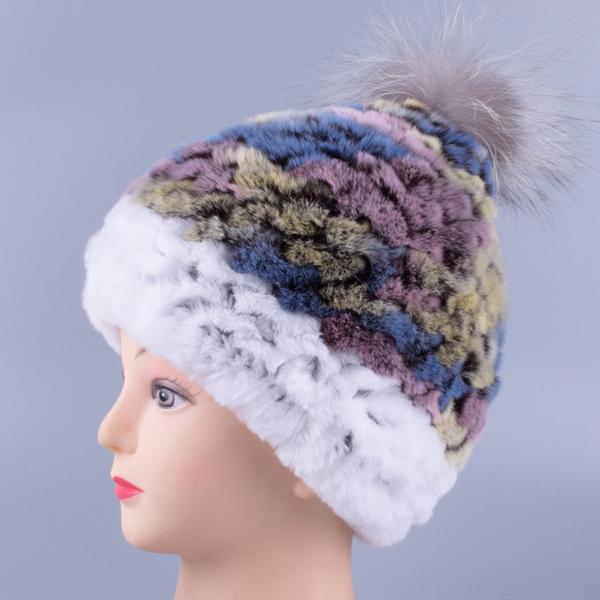 

Зимние шапки для женщин Настоящая натуральная кроличья шерсть рекс Вязаная шапка Шарик из лисьего меха Теплая Лоскутная шапка-бини с помпоном 56to59cm