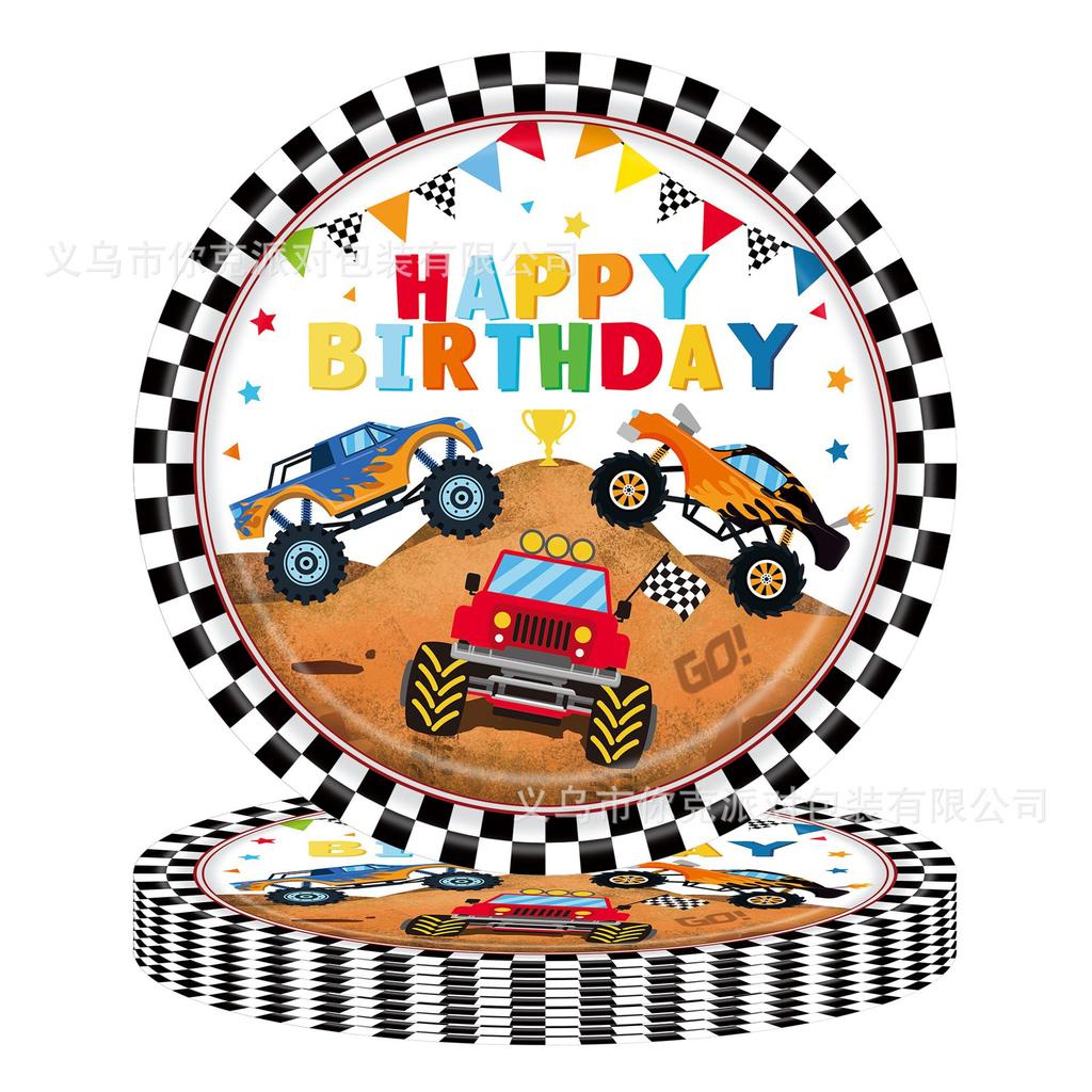 Black and White Checkered Racing-themed Disposable Paper Plates and Cups for Children's Birthday Parties
