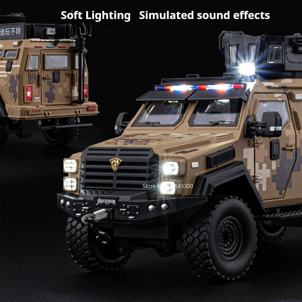 1:24 Sword Toothed Tiger Armored Car Model Toy Shock Absorption Pull Back Anti-riot Off-road Vehicles Sound Light Toys for Child