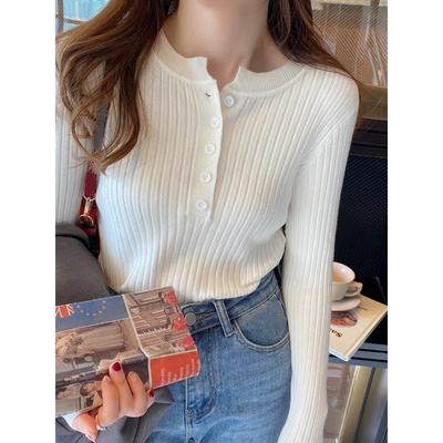 Fashion Crew Neck Knitted Women Pullover Sweater Autumn and Winter Long Sleeve Slim Fit Inner Bottoming Shirt Office Elegant Buttons Tops Clothing