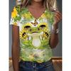 Womens V-Neck Loose Fit Short Sleeve T-Shirt With Colorful Geometric Starry Print Casual Top