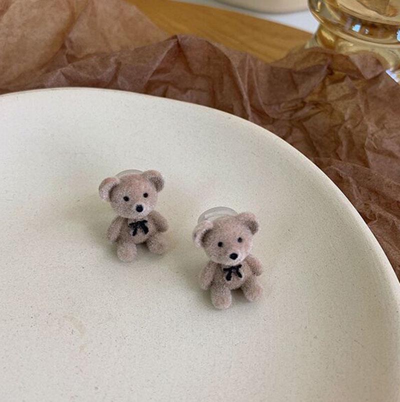 S925 Silver Needle Flocked Bow Bear Earrings - Cute Plush Earrings for Autumn & Winter