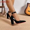 Aphixta 3.94/2.76Inch Super High Square Heels Pumps Women 2cm Belt Buckle Metal Buckle Strap Shoes Pointed Toe Big Size 35-53
