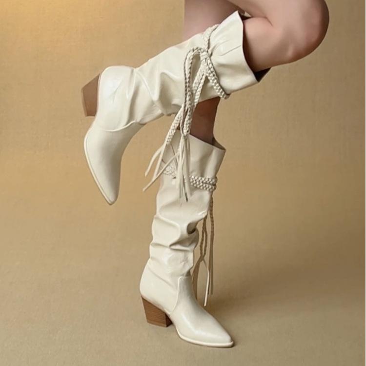 

Coarse heel white heightening pile boots women s 2025 new twist belt design but knee high boots pointed western boots 40